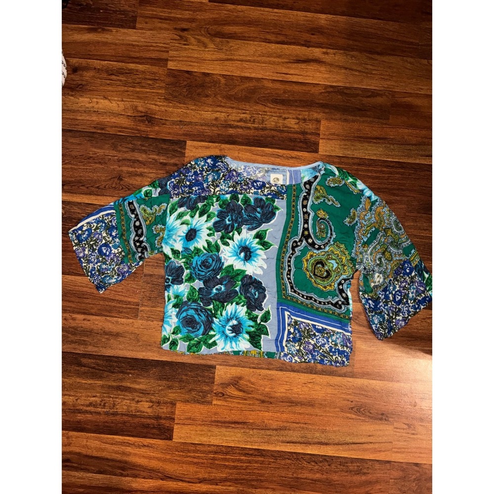 Anthropologie Tiny Womens XS Floral Paisley Patchwork Boxy Blouse Blue Green